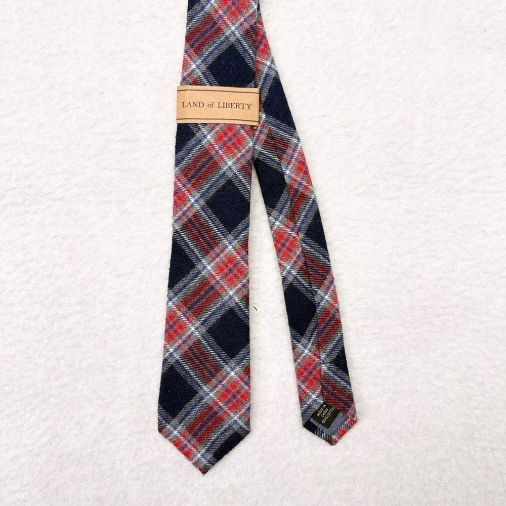 Land of Liberty Skinny Tie Necktie Red Blue Plaid Flannel Fabric Cotton NEW